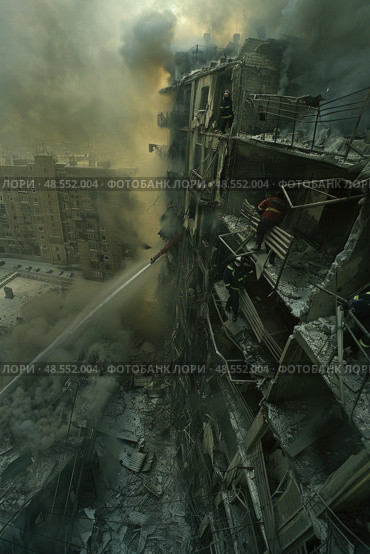 Firefighters douse a towering inferno in a high-rise, as smoke billows against a backdrop of devastation. Стоковое AI-изображение, AI-художник Данила Большаков / Фотобанк Лори