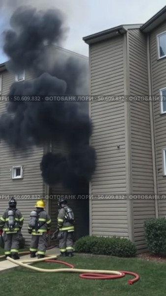 Firefighters extinguish a fire in multistory apartment building. Стоковое AI-видео, аниматор Sergey Grishin / Фотобанк Лори