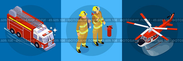 Firefighting horizontal banner consisting of three square parts with firefighters firetruck aircraft isometric icons vector illustration. Firefighting Horizontal Banner. Стоковая иллюстрация, агентство Ingram Publishing / Фотобанк Лори