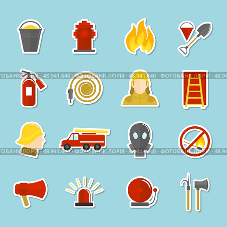 Firefighting icons stickers set of axe fire truck water hydrant isolated vector illustration. Стоковая иллюстрация, агентство Ingram Publishing / Фотобанк Лори