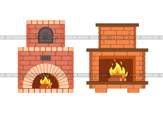 Fireplace made of bricks, redbrick furniture isolated icons set vector. Stove with metal doors burning logs, heating system of home, warming up in winter. Fireplace Made of Bricks, Redbrick Furniture Set. Стоковая иллюстрация, агентство Ingram Publishing / Фотобанк Лори