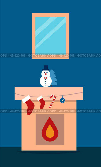 Fireplace with snowman toy and Christmas tree and socks for present from Santa. Vector illustration with festive decorations on blue background. Fireplace with Snowman Toy Vector Illustration. Стоковая иллюстрация, агентство Ingram Publishing / Фотобанк Лори