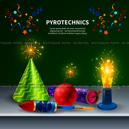 Fireworks background with editable text and decorative images of colourful confetti sparklers firecrackers and party hats vector illustration. Festive Pyrotechnics Background Composition. Стоковая иллюстрация, агентство Ingram Publishing / Фотобанк Лори
