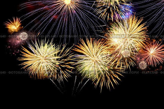 Fireworks colorful explosions on black, festive christmas background. Fireworks explosions on black. Стоковое фото, агентство Ingram Publishing / Фотобанк Лори