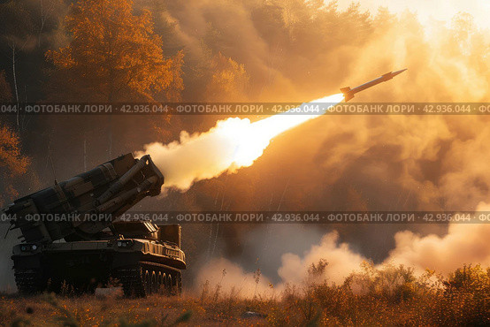 firing from an artillery multiple launch rocket system. Стоковое AI-изображение, AI-художник Александр Довянский / Фотобанк Лори