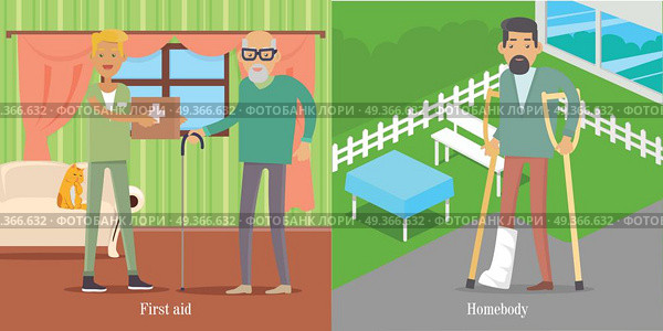 First Aid for Oldsters. Man walk with Broken Leg. First aid of medical workers for oldsters. Young doctor with medicine chest helps man. Man walks with broken leg in park. Health care, medical care concept. Vector illustration poster for hospitals websites. Стоковая иллюстрация, агентство Ingram Publishing / Фотобанк Лори