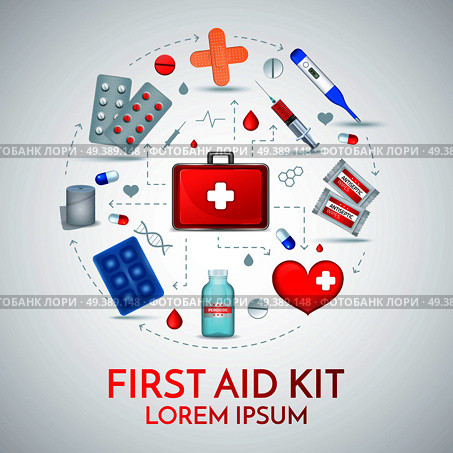 First aid kit realistic circular composition of medical emergency treatment supplies with antiseptic bandage pills vector illustration . First Aid Realistic Composition. Стоковая иллюстрация, агентство Ingram Publishing / Фотобанк Лори