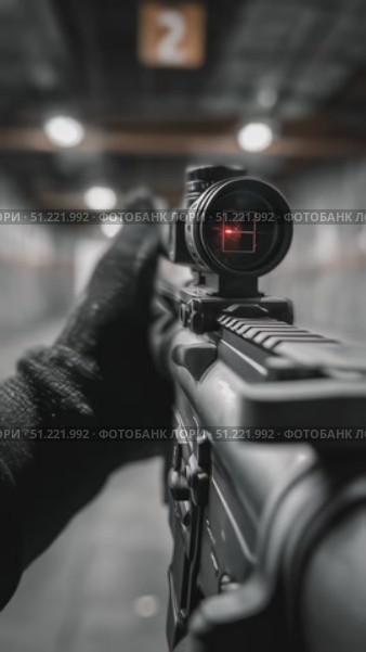 First person view of a soldier wearing gloves aiming an assault rifle equipped with a red dot sight, firing a shot at a target in an indoor shooting range. Стоковое AI-видео, аниматор Юрий Поздников / Фотобанк Лори