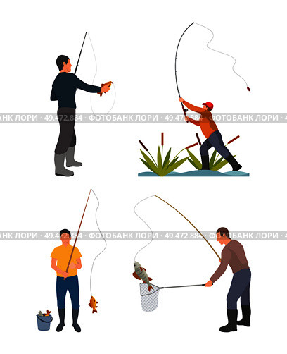 Fishermen with fishing rod and fish vector illustration. Standing fishers with full bucket, landing net and tackle isolated on white with bulrush. Fisherman with fishing rod and fish vector sketch. Стоковая иллюстрация, агентство Ingram Publishing / Фотобанк Лори