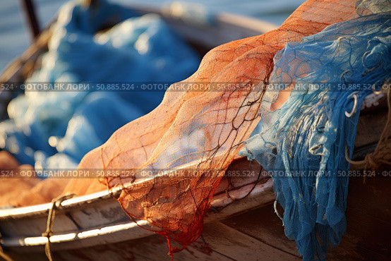 Fishing nets hanging on a boat creating colorful patterns at sunset. Стоковое AI-изображение, AI-художник Иван Рябоконь / Фотобанк Лори