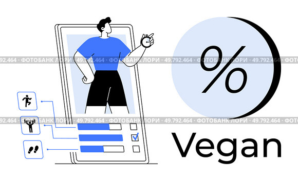 Fitness enthusiast tracks progress on smartphone, analyzing exercise and diet data highlighted percentage symbol and Vegan . Ideal for health apps, fitness, diet monitoring, vegan lifestyle, sports. Smartphone App Displaying Fitness and Vegan Diet Progress with Percentage Indicator. Стоковая иллюстрация, агентство Ingram Publishing / Фотобанк Лори