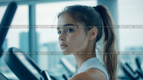 Fitness journey: Portrait of a girl at the gymnasium. Стоковое AI-изображение, AI-художник Данила Большаков / Фотобанк Лори