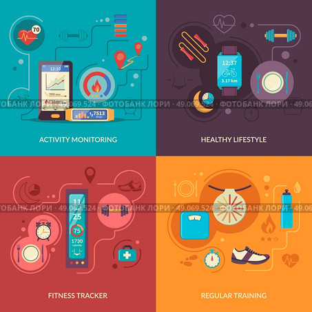 Fitness Tracker 2x2 Design Concept. Fitness tracker 2x2 design concept set with healthy lifestyle regular physical training and activity monitoring icons vector illustration . Стоковая иллюстрация, агентство Ingram Publishing / Фотобанк Лори