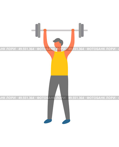 Fitness workout and sport, body building, man lifting weight vector. Bicep muscles pumping, healthy lifestyle and physical activity, gym training. Man Lifting Weight, Fitness Workout and Sport. Стоковая иллюстрация, агентство Ingram Publishing / Фотобанк Лори