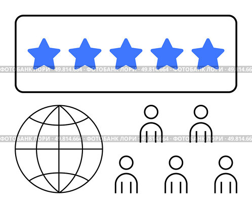 Five blue stars in a rectangular box, globe outline, and six people icons. Ideal for customer feedback, global reviews, audience engagement, online ratings, user satisfaction, business performance. Customer Satisfaction Global Rating Concept with Five Stars and People Icons. Стоковая иллюстрация, агентство Ingram Publishing / Фотобанк Лори