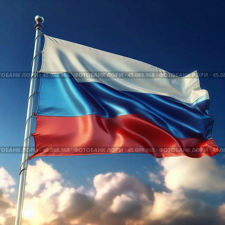Флаг России флаг, развевающийся, триколор, россия, российская, федерация, символ, государство, белый, синий, красный, цвета государственный, национальный, официальный, флаг, символ, россия, рф, российский, федерация, триколор, трехцветный, красный, синий, белый, трехполосный, полотнище, полощется, развеваться, развевается, флагшток, голубой, небо, облака, солнечный, день. Стоковое AI-изображение, AI-художник Ефимчик Елена Николаевна / Фотобанк Лори