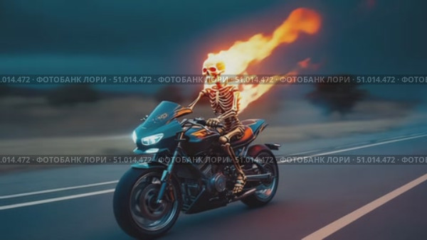 Flaming skeleton riding motorcycle on scenic highway at dusk ai generated. Стоковое AI-видео, аниматор Vectorwin / Фотобанк Лори