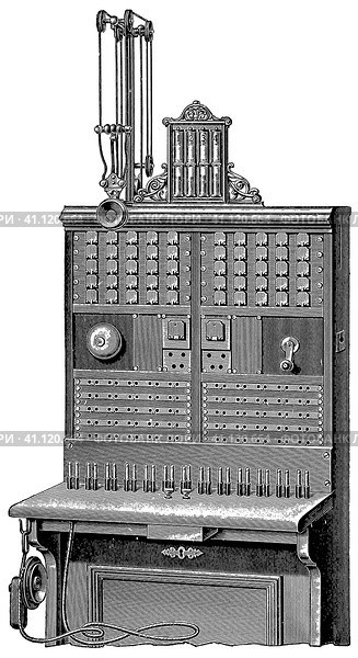 Flap cabinet for dual lines with built-in trunking system by Mix and Genest. Publication of the book "Meyers Konversations-Lexikon", Volume 2, Leipzig, Germany, 1910. Стоковая иллюстрация, иллюстратор Sergey Kohl / Фотобанк Лори