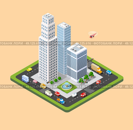 Flat 3d isometric urban city infographic concept. Township center map with buildings, shops and roads on the plane. Стоковая иллюстрация, агентство Ingram Publishing / Фотобанк Лори