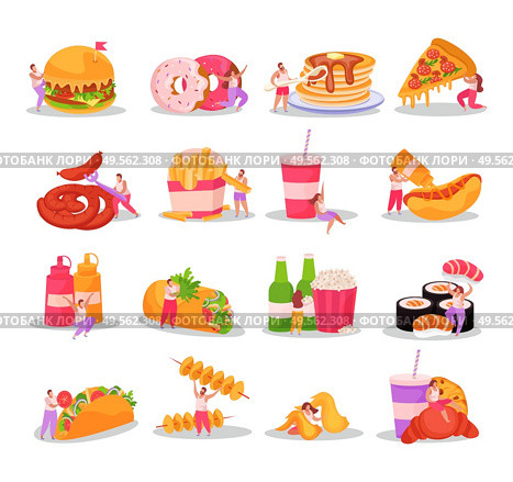 Flat design icons set with overweight people and various fast food isolated on white background vector illustration. Стоковая иллюстрация, агентство Ingram Publishing / Фотобанк Лори
