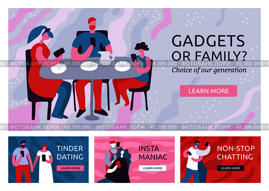 Flat design set of four horizontal banners with dependent on gadgets people with smartphones isolated vector illustration. Gadgets Dependent Banners Set. Стоковая иллюстрация, агентство Ingram Publishing / Фотобанк Лори