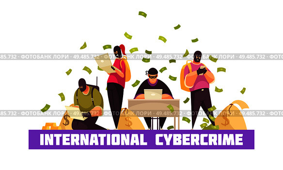 Flat hacker composition with international cybercrime headline and money bills flying around the stealers vector illustration. Стоковая иллюстрация, агентство Ingram Publishing / Фотобанк Лори