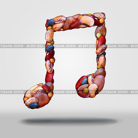 Flatulence intestinal gas symbol as a group of different beans and lentils shaped as a music note as a medical health icon for breaking wind as an icon of a fart or farting due to indigestion and bloating of eating high fiber food. Стоковое фото, агентство Ingram Publishing / Фотобанк Лори