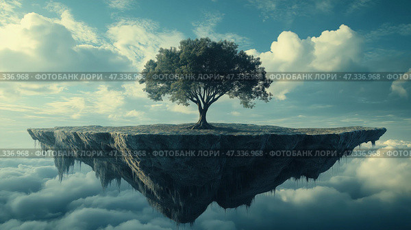 Floating island with a single tree against a cloudy sky. Сюрреалистический пейзаж демонстрирует плавучий остров с одиноким деревом, величественно возвышающимся над ним. Вокруг острова клубятся облака, создавая в небе неземную атмосферу. Стоковое AI-изображение, AI-художник Katsiaryna Repich / Фотобанк Лори