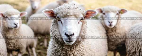 Flock of sheep grazes peacefully in a rustic farm setting alive with nature. Detailed closeup of brown and white sheep herd. Concept of sheep farming and herding. Open-air sheepfold. Farmhouse. Стоковое AI-изображение, AI-художник Евгений Демидюк / Фотобанк Лори