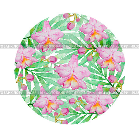 Floral background with pink watercolor orchids and green palm branch. Hand drawn tropical background. Floral background with pink watercolor orchids . Стоковое фото, агентство Ingram Publishing / Фотобанк Лори