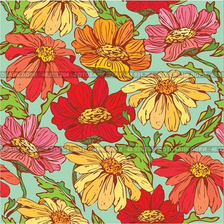 Floral Seamless Pattern with hand drawn flowers - camomile on blue background. . Стоковая иллюстрация, агентство Ingram Publishing / Фотобанк Лори