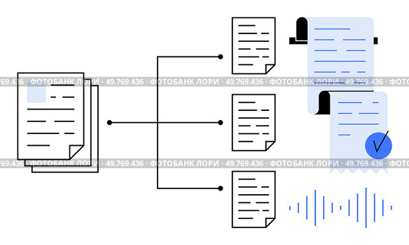 Flowchart connecting documents to a central system ending with verified documents and audio waves. Ideal for document management, digital workflows, data organization, verification processes. Document Management Process with Workflow Hierarchy and Digital Verification. Стоковая иллюстрация, агентство Ingram Publishing / Фотобанк Лори