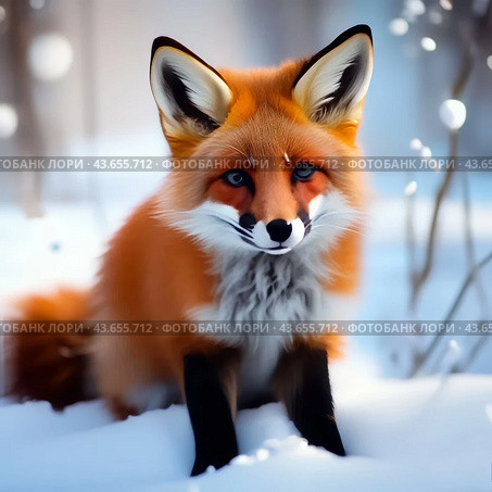 Fluffy fox cub in the snow. In the culture of almost all peoples of the world, the fox is presented as a cunning animal, and is one of the irreplaceable characters of the animal epic, occupying a prominent place in it. Стоковое AI-изображение, AI-художник Сергей Елизарьев / Фотобанк Лори