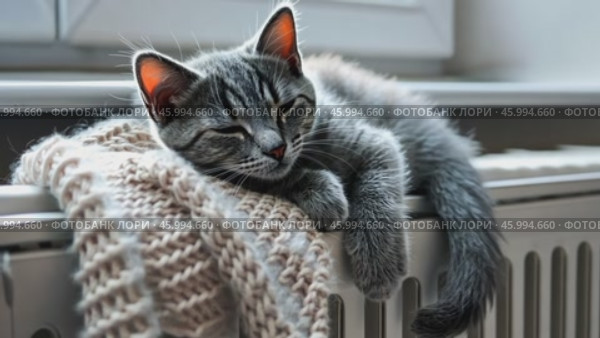Fluffy young little cat relaxing on warm radiator with plaid against white wall. Gray kitten is sleeping in funny pose. Cold season. Banner for website. Pet cat warming up near heater. Heating. Стоковое AI-видео, аниматор Марина Демидюк / Фотобанк Лори