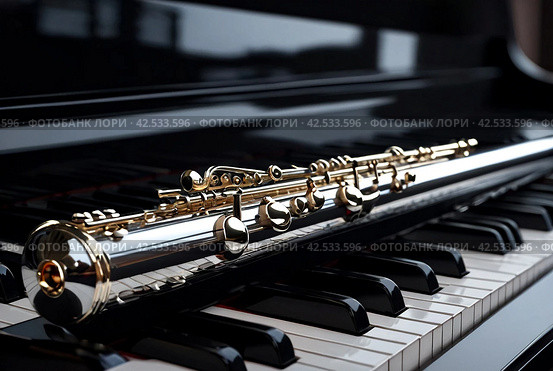 Flute with piano. Flute on piano keys. Wind instrument for musical design of concert creativity. Стоковое AI-изображение, AI-художник Aleksandr Golubev / Фотобанк Лори