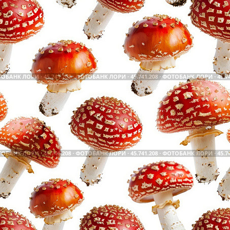 Fly agaric mushrooms seamless pattern on white background. Стоковое AI-изображение, AI-художник Иван Рябоконь / Фотобанк Лори