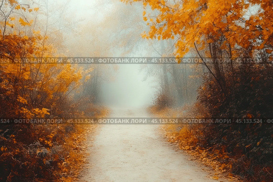 Foggy autumn path surrounded by trees with golden leaves. The foliage creates a warm atmosphere, while the fog gives the scene a mystical and mysterious look. This image conveys a sense of coziness, tranquility and autumn inspiration. Стоковое AI-изображение, AI-художник Анна Кривицкая / Фотобанк Лори