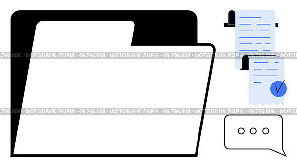 Folder with documents and a chat bubble ideal for organization, business management, communication, documentation, and digital workflows in a minimalist and modern design style. Organizational Folder with Documents and Chat Bubble for Business Communication. Стоковая иллюстрация, агентство Ingram Publishing / Фотобанк Лори