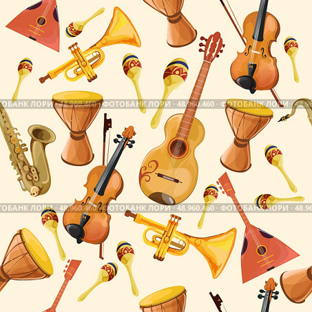 Folk music ensemble instruments seamless pattern with horn drum guitar and fiddle seamless pattern color vector illustration. Стоковая иллюстрация, агентство Ingram Publishing / Фотобанк Лори