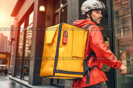 Food delivery by courier with a thermal bag. Generative AI. Стоковое AI-изображение, AI-художник Юрий Поздников / Фотобанк Лори