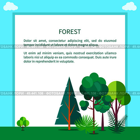 Forest banner with pines, green trees and bushes, unspoiled nature concept. Vector illustration of woodland with place for text, untouched countryside. Forest Vector Web Banner with Trees and Bushes. Стоковая иллюстрация, агентство Ingram Publishing / Фотобанк Лори