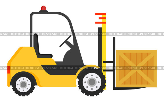 Forklift machine for loading and unloading packages. Yellow industrial truck used to lift and move materials over short distances. Wooden big box transportation within warehouse. Vector illustration. Forklift Machine, Industrial Truck to Move Boxes. Стоковая иллюстрация, агентство Ingram Publishing / Фотобанк Лори