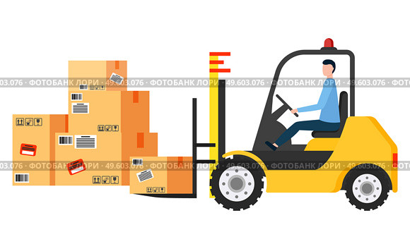 Forklift machine with man driver load and unload packages. Powered industrial truck used to lift and move containers on storehouse. Many cardboard boxes in warehouse. Vector illustration in flat style. Man Driving Forklift Machine, Truck Moving Boxes. Стоковая иллюстрация, агентство Ingram Publishing / Фотобанк Лори