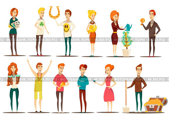 Fortunate Soul Characters Collection. Lucky situations flat set of doodle style flat images of isolated human characters with various items vector illustration. Стоковая иллюстрация, агентство Ingram Publishing / Фотобанк Лори