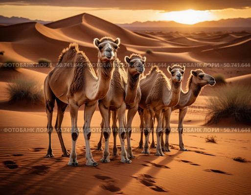 Four camels standing in the desert with the sun setting behind them. Стоковое AI-изображение, AI-художник Ярославский Максим / Фотобанк Лори
