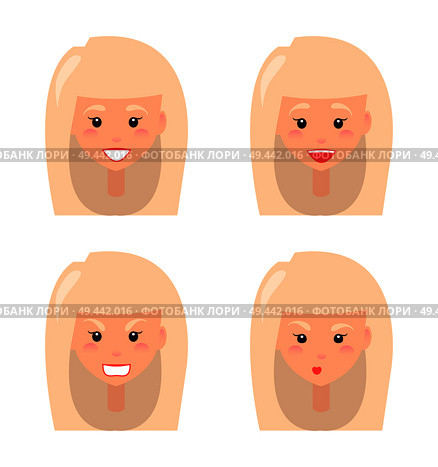 Four female faces colorful vector illustration of blonde portraits isolated on white background, red lips, bright teeth, black eyes, varied emotions. Four Female Faces Colorful Vector Illustration. Стоковая иллюстрация, агентство Ingram Publishing / Фотобанк Лори