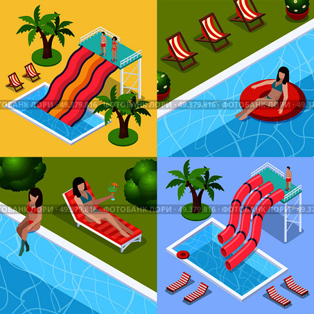 Four square water park aquapark isometric icon set with different types of waterslides vector illustration. Water Park Aquapark Isometric Icon Set. Стоковая иллюстрация, агентство Ingram Publishing / Фотобанк Лори