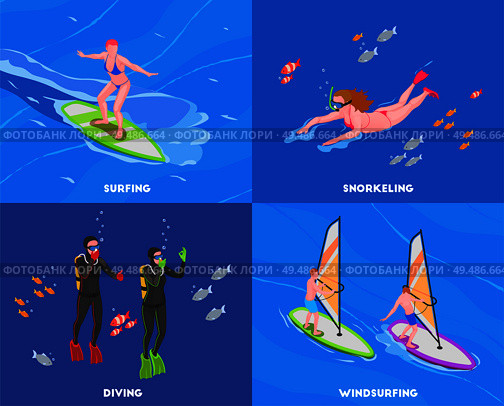 Four squares water sports isometric concept set with surfing snorkeling diving and windsurfing descriptions vector illustration. Стоковая иллюстрация, агентство Ingram Publishing / Фотобанк Лори