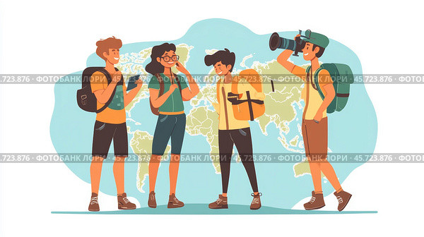 Four travelers enjoy exploring new places with backpacks while discussing their adventure plans near a world map. Стоковое AI-изображение, AI-художник Сергей Толмачёв / Фотобанк Лори
