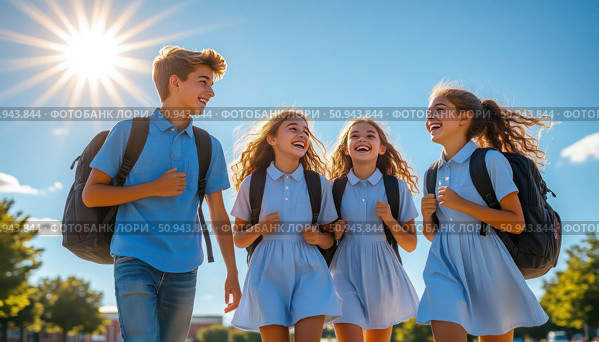 Four young girls are walking together, smiling and laughing. Стоковое AI-изображение, AI-художник Ярославский Максим / Фотобанк Лори